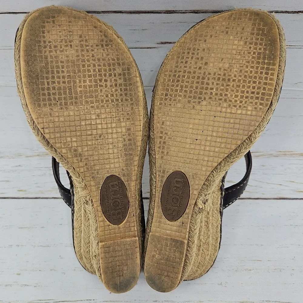 Born Womens 6 36.5 Wedge Heel Sandals Shoes Brown Leather Jute Espadrilles Heels